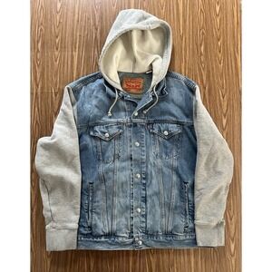 Levi's Men's Hybrid Hooded Denim Trucker Jacket Blue Grey Size XL Relaxed Fit